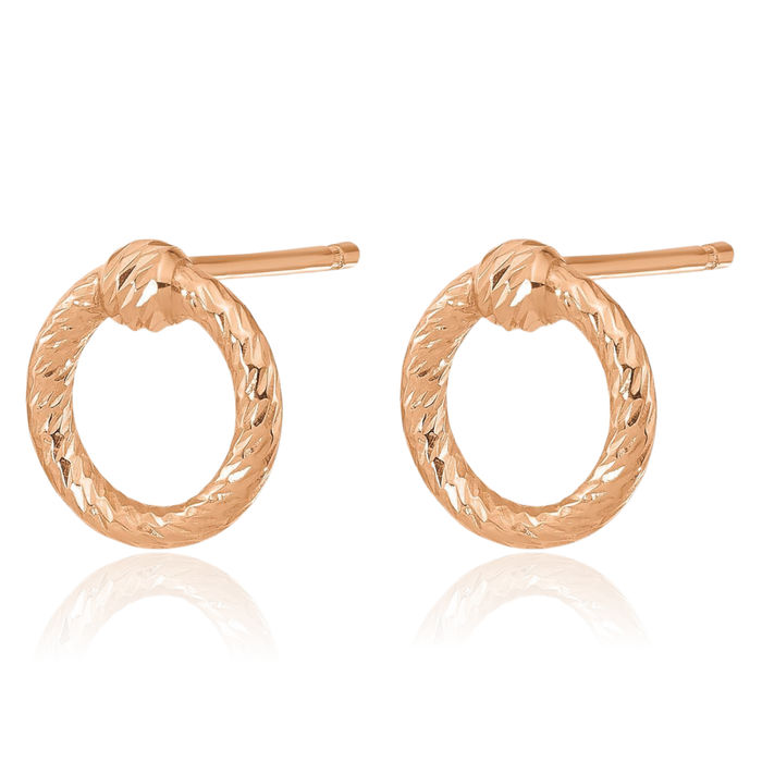 14K Solid Rose Pink Gold Twisted Circle Round Stud Earrings