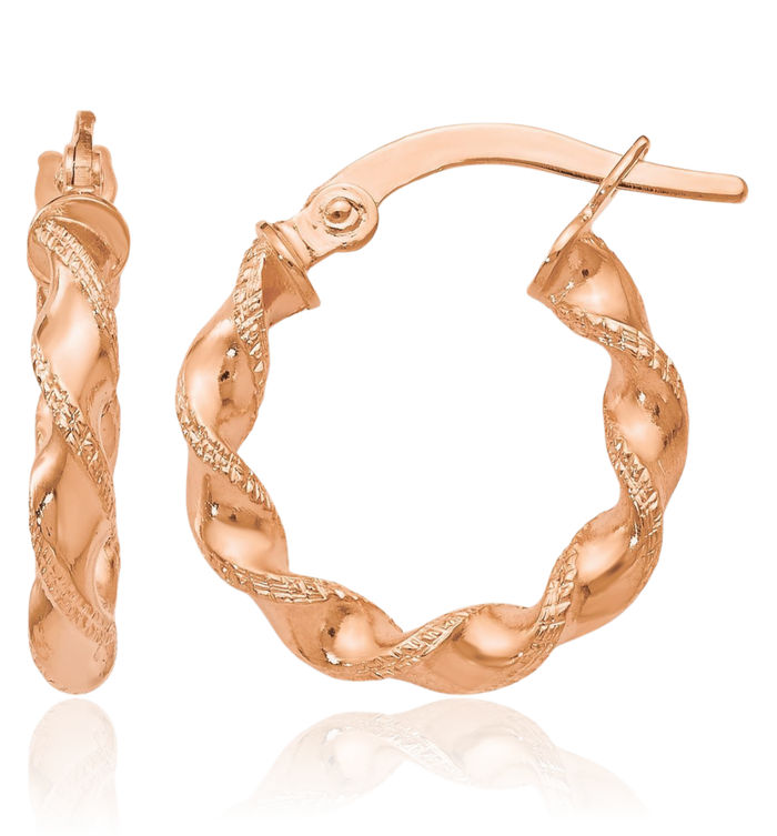 14K Solid Rose Pink Gold Twisted Small Hoop Earrings