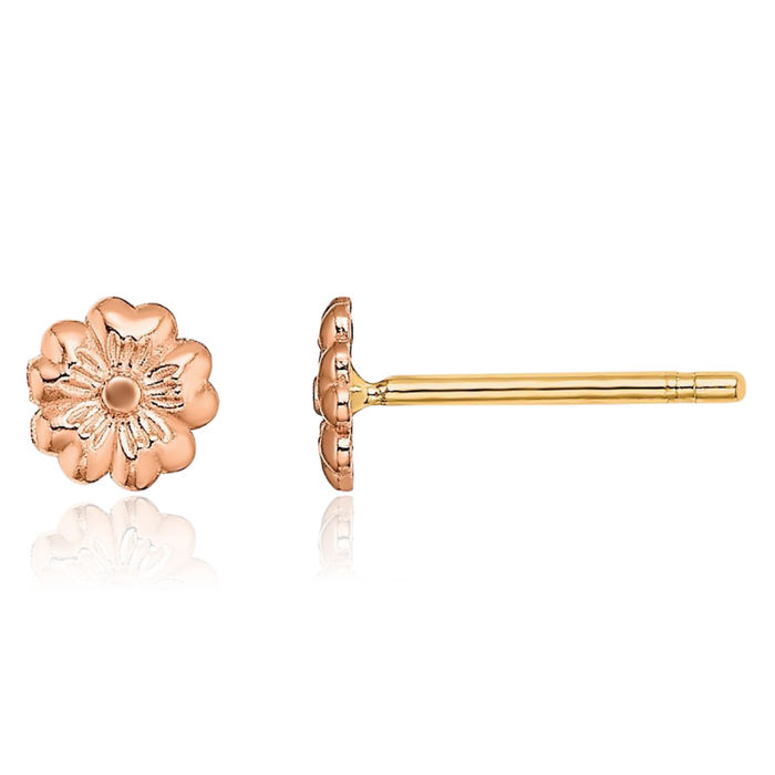 14K Solid Rose Pink Gold Yellow Flower Stud Earrings