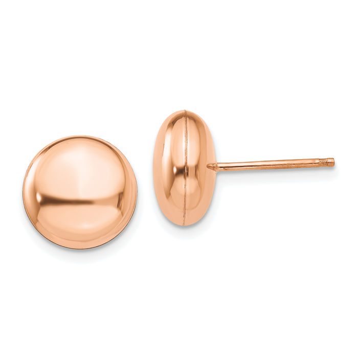 14K Solid Rose Pink Gold 10.5mm Button Stud Earrings