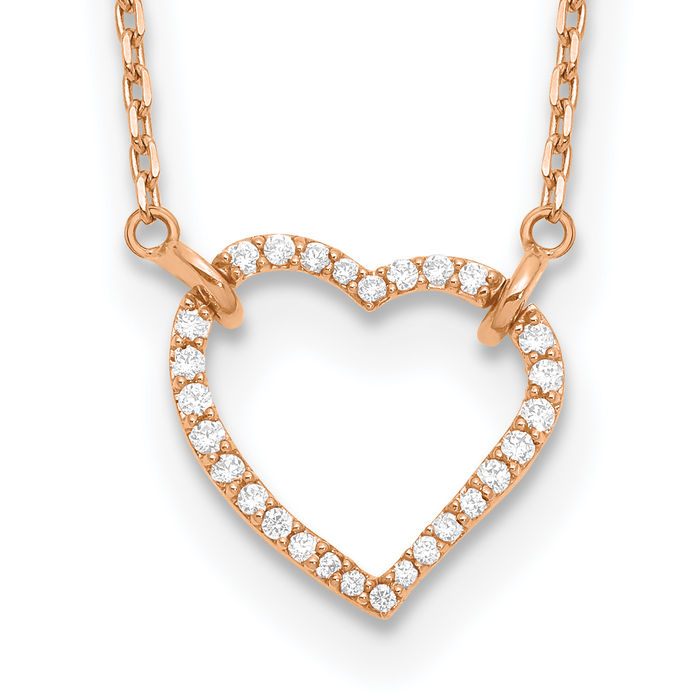 14K Solid Rose Gold Diamond Heart Chain Necklace - Picture 11 of 12