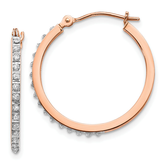 14K Solid Rose Pink Gold Diamond Round Medium Hoop Earrings