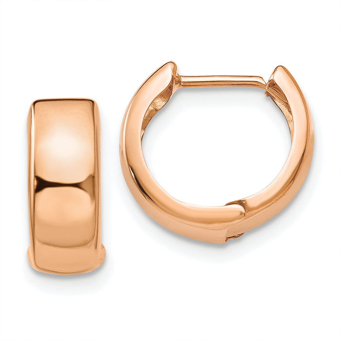 14K Solid Rose Pink Gold Round Huggie Small Hoop Earrings