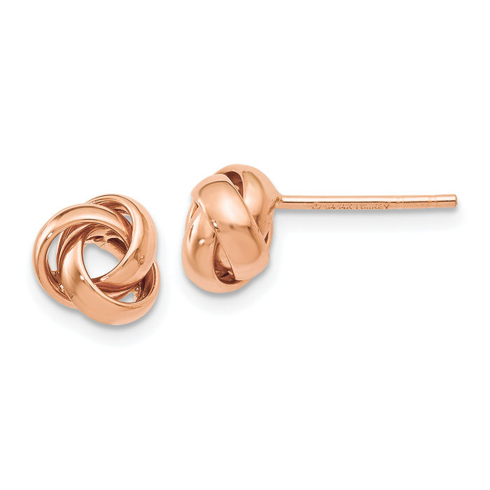 14K Solid Rose Pink Gold Twisted Love Knot Symbol Stud Earrings