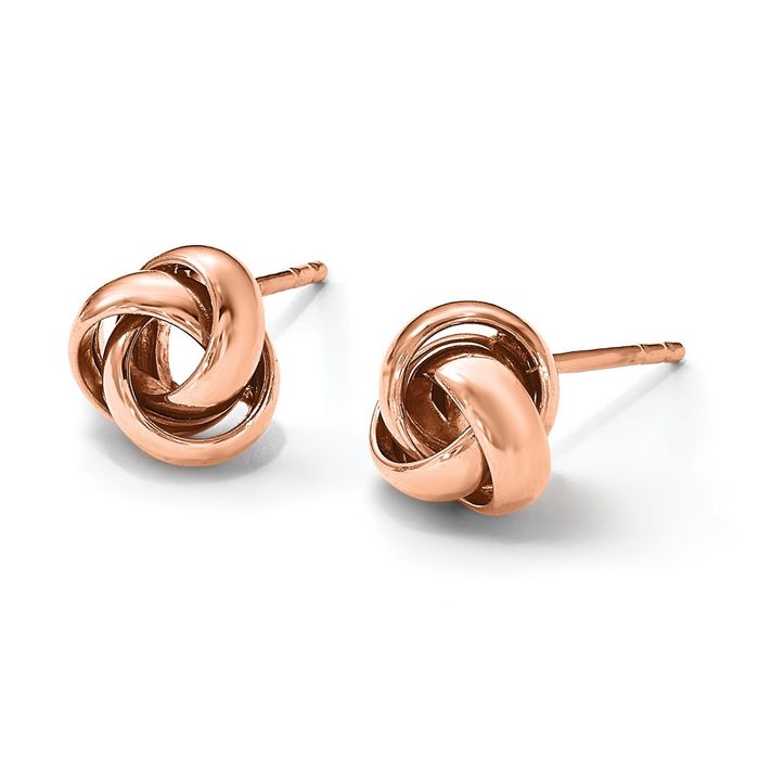 14K Solid Rose Pink Gold Twisted Love Knot Symbol Stud Earrings