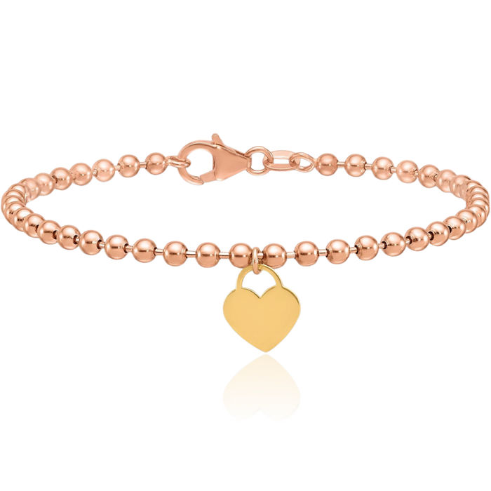 14K Solid Rose Yellow Gold Heart Charm Bracelet