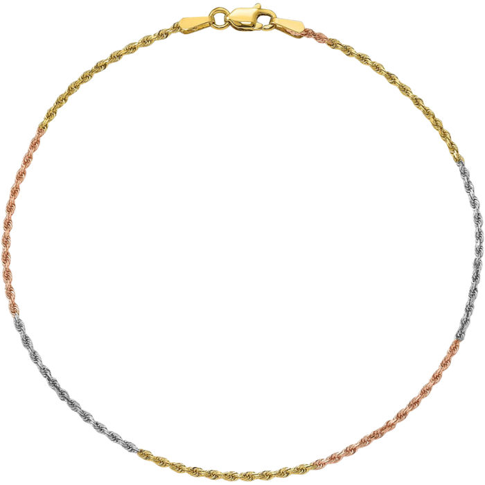 14K Solid Tri Color Pink White Yellow Gold 1.5mm Rope Chain Bracelet