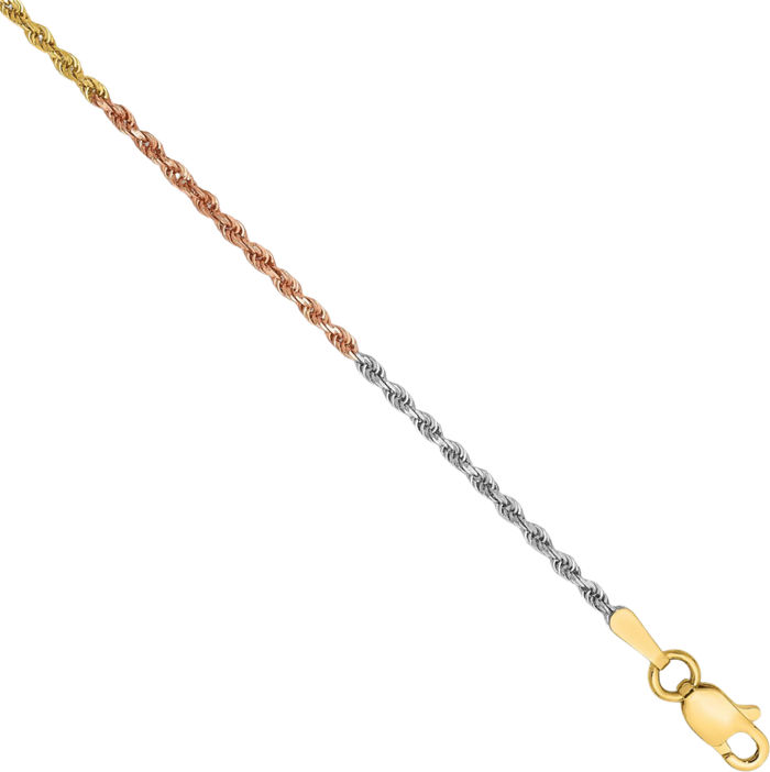 14K Solid Tri Color Pink White Yellow Gold 1.5mm Rope Chain Bracelet