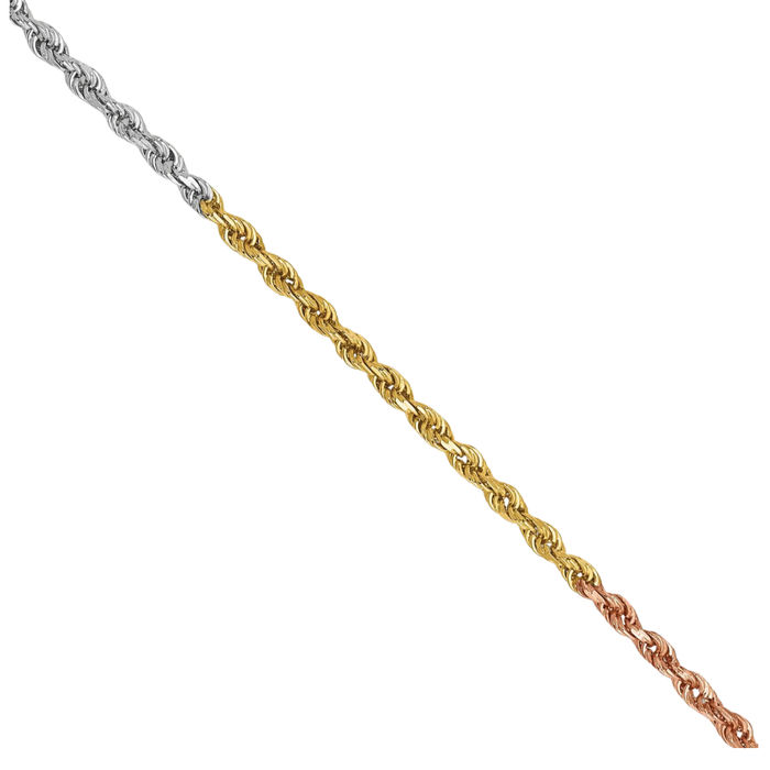 14K Solid Tri Color Pink White Yellow Gold 1.5mm Rope Chain Twisted Link Necklace