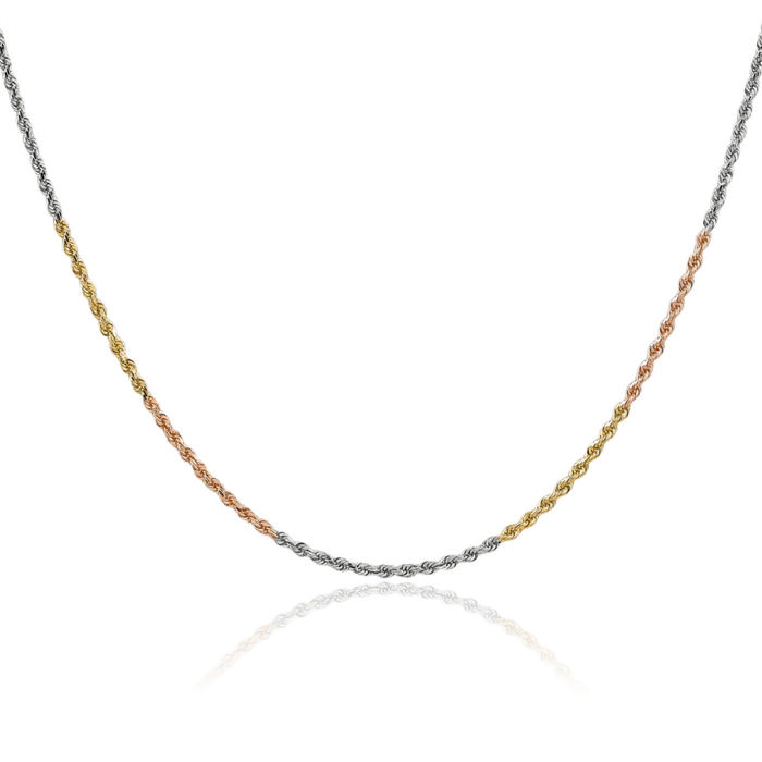 14K Solid Tri Color Pink White Yellow Gold 1.5mm Rope Chain Twisted Link Necklace