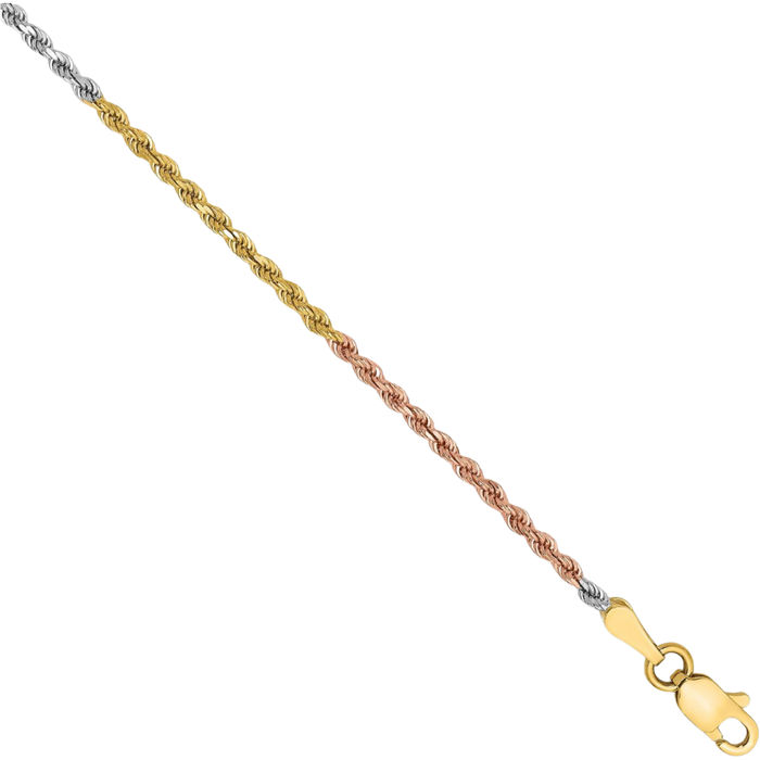 14K Solid Tri Color Pink White Yellow Gold 1.75mm Rope Chain Bracelet