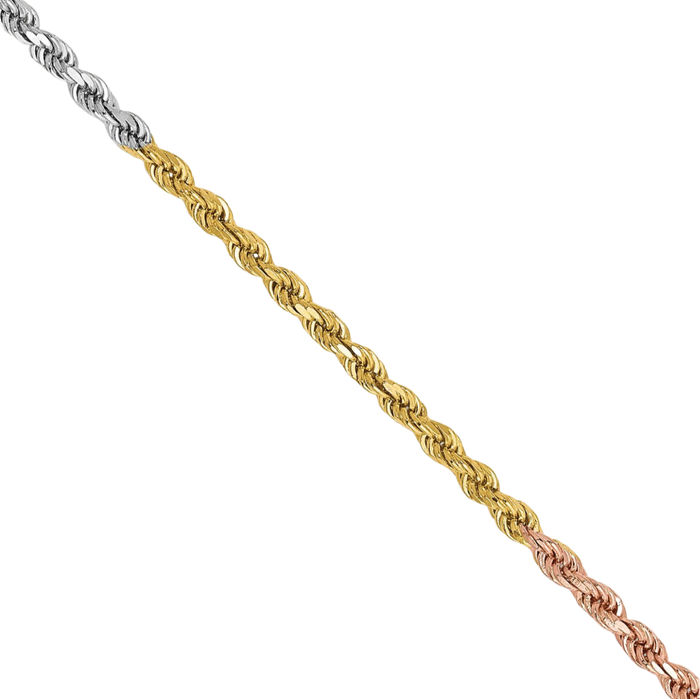 14K Solid Tri Color Pink White Yellow Gold 1.75mm Rope Chain Twisted Link Necklace