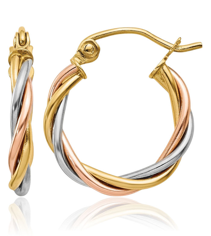 14K Solid Tri Color Pink White Yellow Gold 2.5mm Twisted Round Medium Hoop Earrings