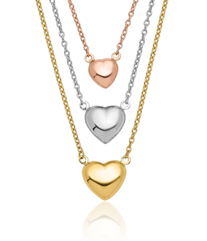 14K Solid Tri Color Pink White Yellow Gold 3 Heart Layering Necklace Love Pendant Friendship Charm Chain