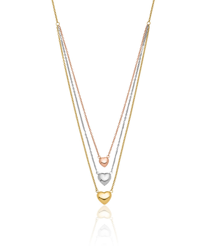 14K Solid Tri Color Pink White Yellow Gold 3 Heart Layering Necklace Love Pendant Friendship Charm Chain