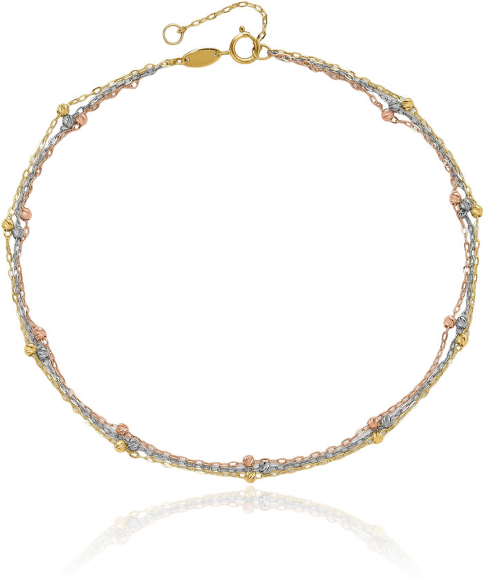 14K Solid Tri Color Pink White Yellow Gold 3 Strand Beaded Anklet Summer Beach Foot Ankle Bracelet