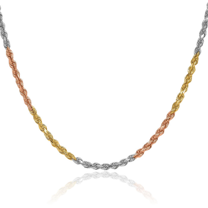 14K Solid Tri Color Pink White Yellow Gold 3mm Rope Chain Twisted Link Necklace