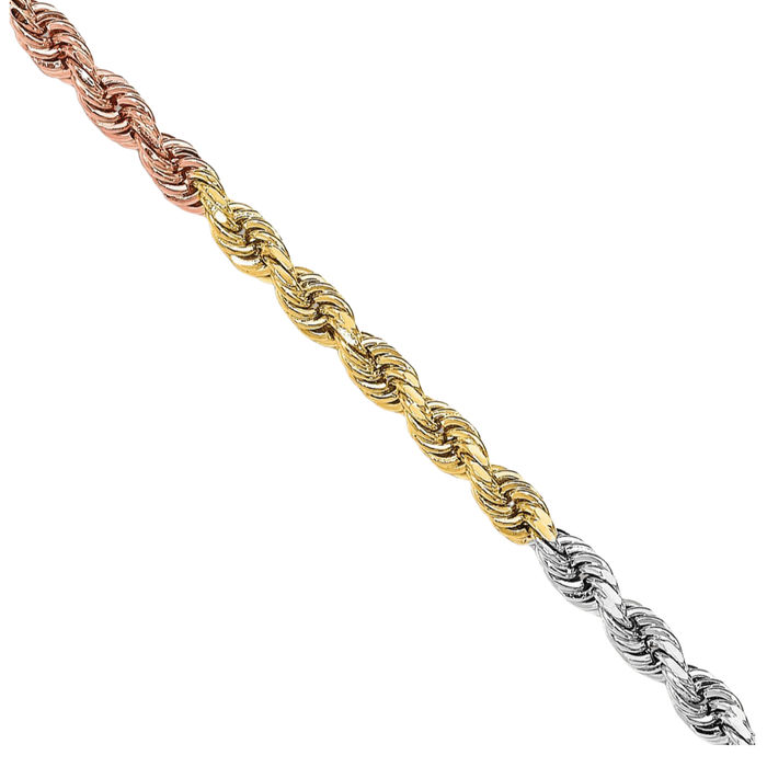 14K Solid Tri Color Pink White Yellow Gold 3mm Rope Chain Twisted Link Necklace