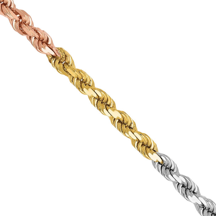14K Solid Tri Color Pink White Yellow Gold 4mm Rope Chain Twisted Link Necklace
