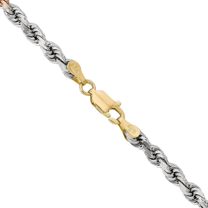14K Solid Tri Color Pink White Yellow Gold 4mm Rope Chain Twisted Link Necklace