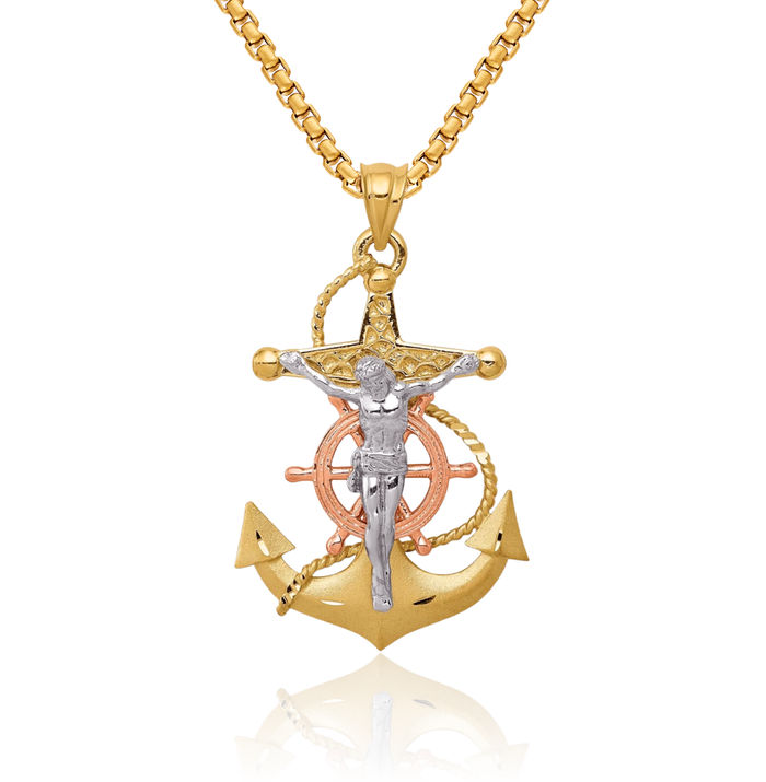 14K Solid Tri Color Pink White Yellow Gold Anchor Mariner Holy Cross Necklace Religious Chain Pendant Jesus Christ Nautical Charm