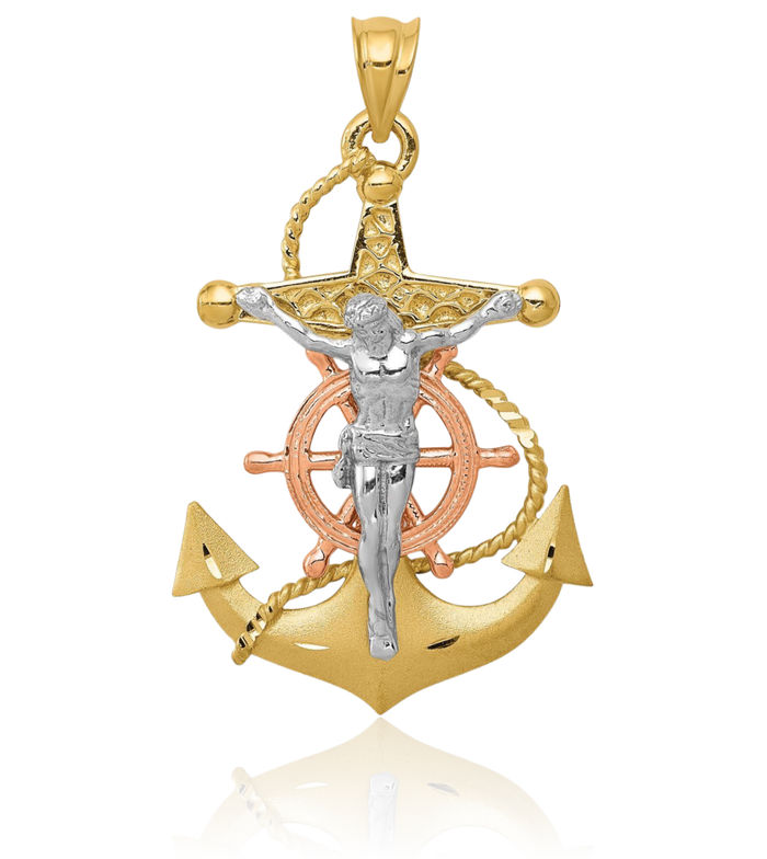14K Solid Tri Color Pink White Yellow Gold Anchor Mariner Holy Cross Necklace Religious Chain Pendant Jesus Christ Nautical Charm