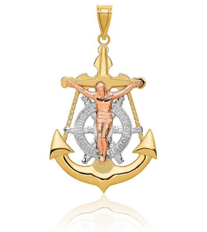 14K Solid Tri Color Pink White Yellow Gold Anchor Mariner Lord Jesus Christ Crucifix Holy Cross Necklace Religious Chain Pendant Nautical Charm