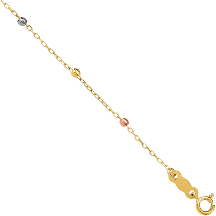 14K Solid Tri Color Pink White Yellow Gold Beaded Ball Holy Cross Chain Charm Bracelet