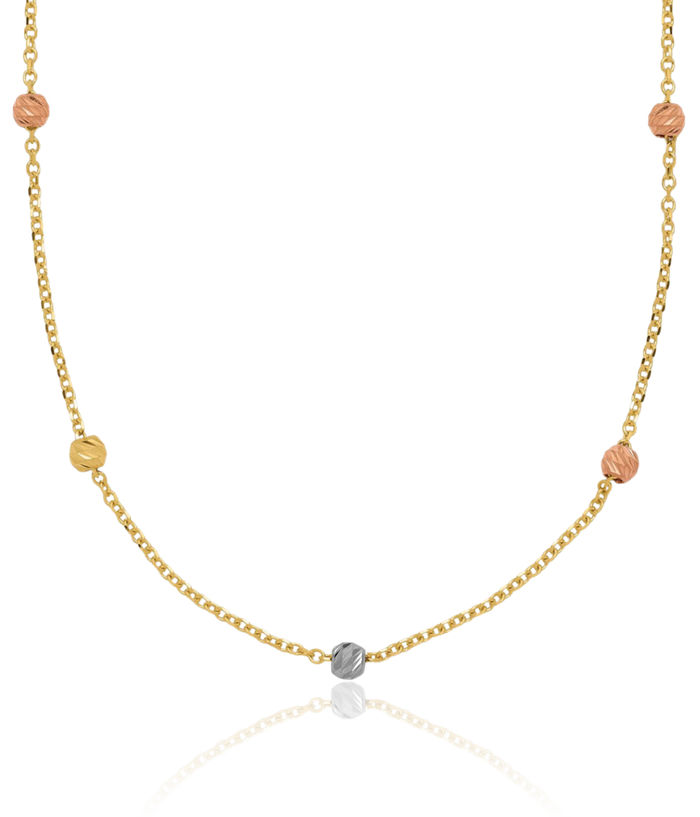 14K Solid Tri Color Pink White Yellow Gold Bead Ball Chain Necklace