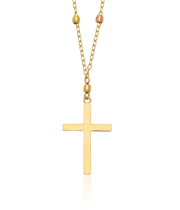 14K Solid Tri Color Pink White Yellow Gold Beaded Holy Cross Chain Necklace