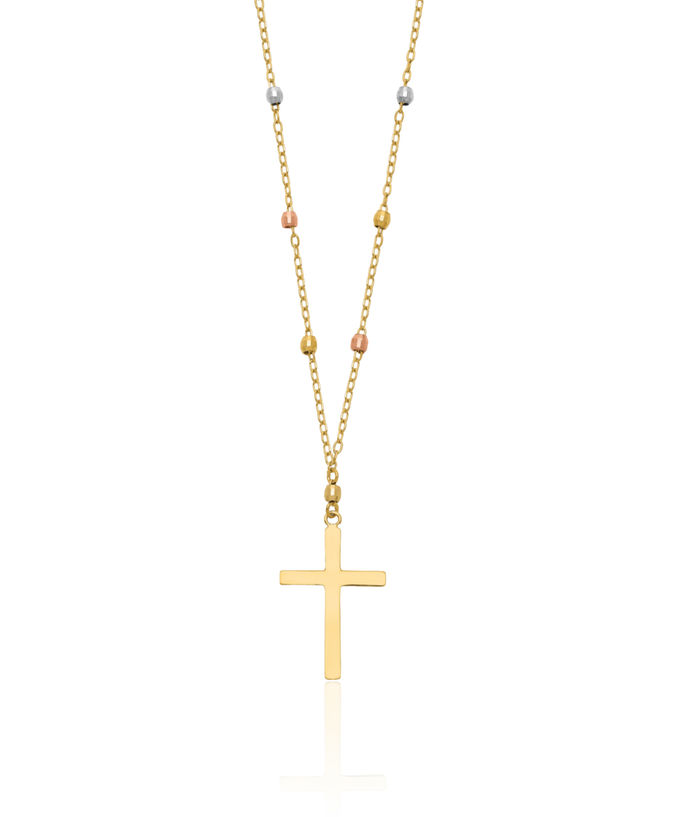 14K Solid Tri Color Pink White Yellow Gold Beaded Holy Cross Chain Necklace