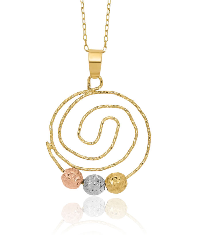 14K Solid Tri Color Pink White Yellow Gold Beads Spiral Pendant Necklace