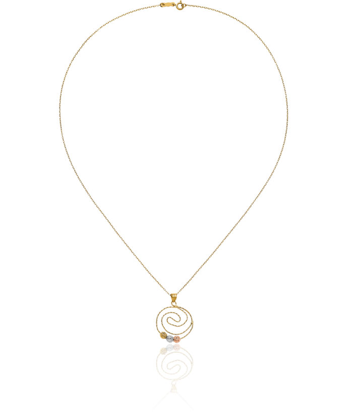 14K Solid Tri Color Pink White Yellow Gold Beads Spiral Pendant Necklace
