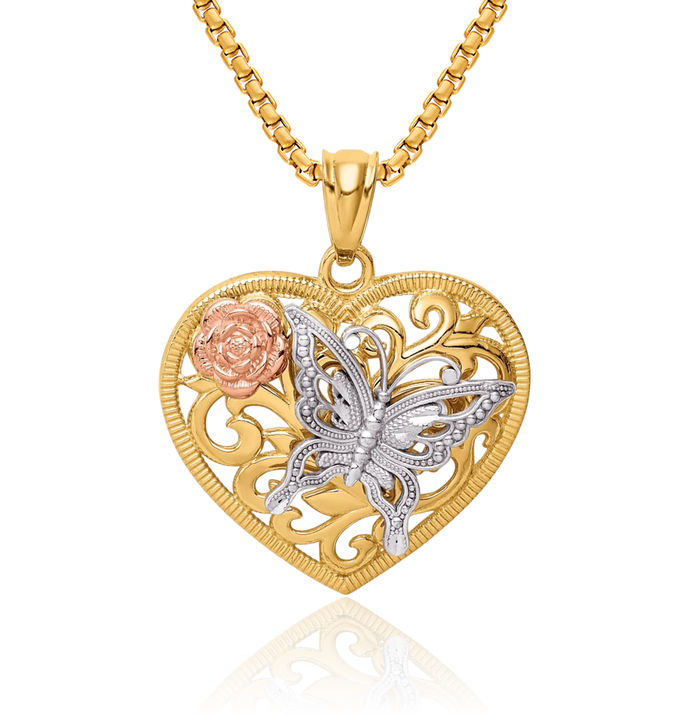14K Solid Tri Color Pink White Yellow Gold Butterfly Wings Heart Necklace Love Pendant Charm