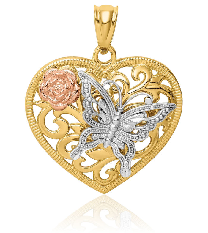 14K Solid Tri Color Pink White Yellow Gold Butterfly Wings Heart Necklace Love Pendant Charm