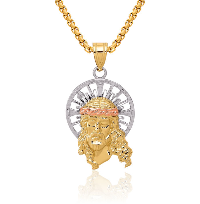 14K Solid Tri Color Pink White Yellow Gold Christ Medal Necklace Chain Pendant Charm