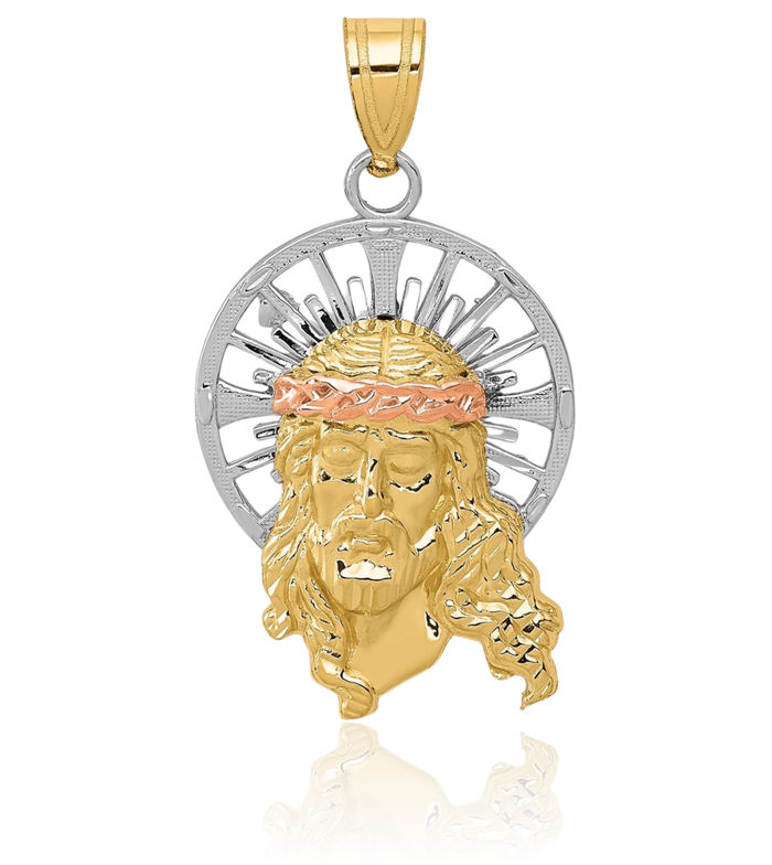 14K Solid Tri Color Pink White Yellow Gold Christ Medal Necklace Chain Pendant Charm