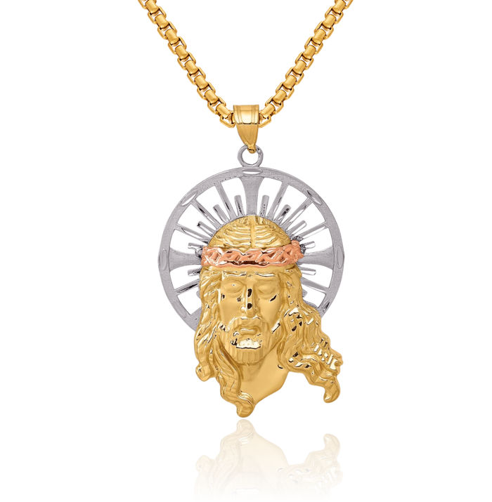14K Solid Tri Color Pink White Yellow Gold Christ Medal Necklace Chain Pendant Charm