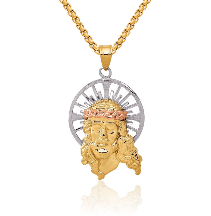 14K Solid Tri Color Pink White Yellow Gold Christ Medal Necklace Chain Pendant Charm