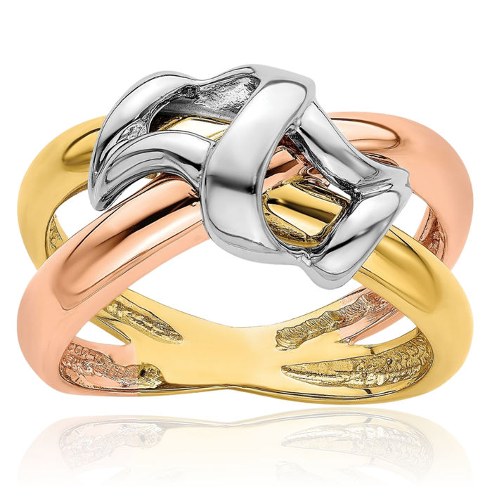 14K Solid Tri Color Pink White Yellow Gold Woven Crisscross Band Twisted Chunky Dome Statement Ring