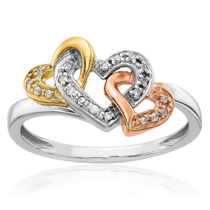 14K Solid Tri Color Pink White Yellow Gold Diamond Triple Heart Ring Love Band