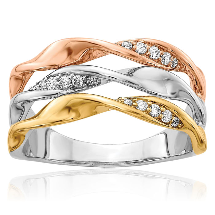 14K Solid Tri Color Pink White Yellow Gold Diamond Triple Twisted Woven Crisscross Band Statement Ring