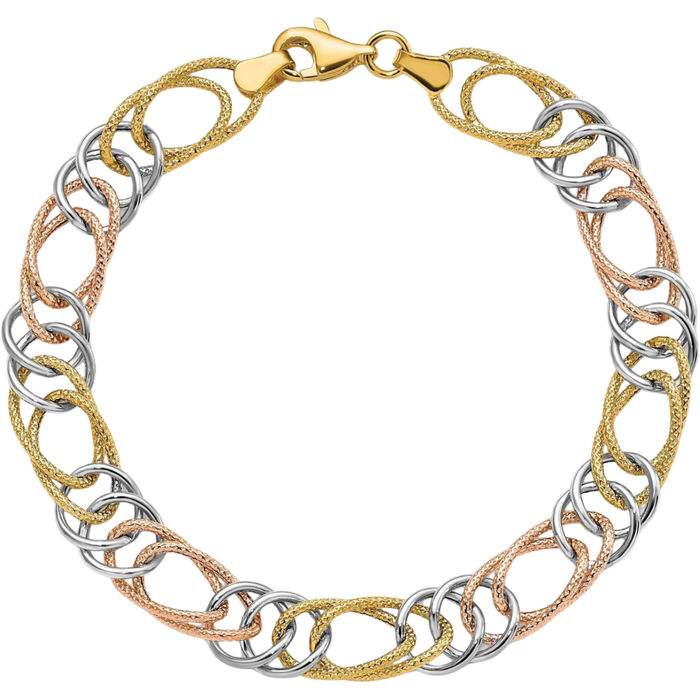 14K Solid Tri Color Pink White Yellow Gold Double Link Chain Bracelet