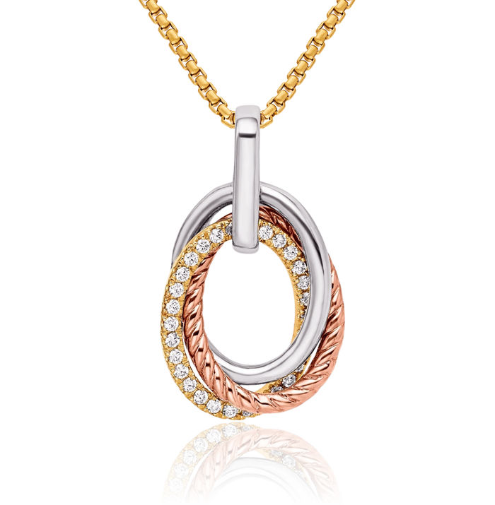 14K Solid Tri Color Pink White Yellow Gold Double Oval Diamond Necklace Chain Pendant Charm