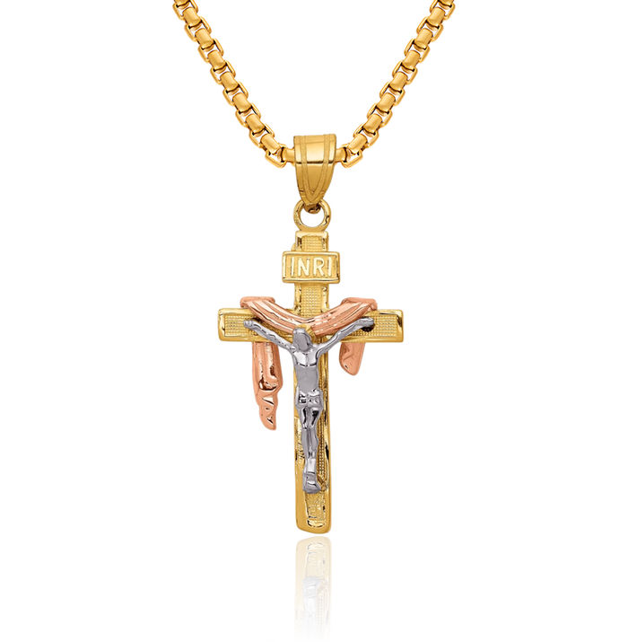 14K Solid Tri Color Pink White Yellow Gold Draped Inri Lord Jesus Christ Crucifix Holy Cross Necklace Religious Chain Pendant Charm