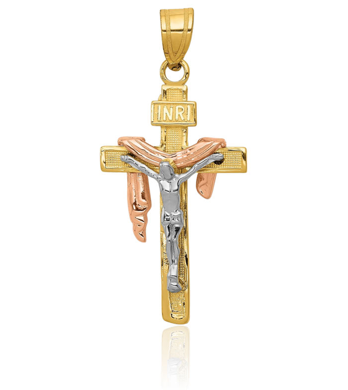 14K Solid Tri Color Pink White Yellow Gold Draped Inri Lord Jesus Christ Crucifix Holy Cross Necklace Religious Chain Pendant Charm