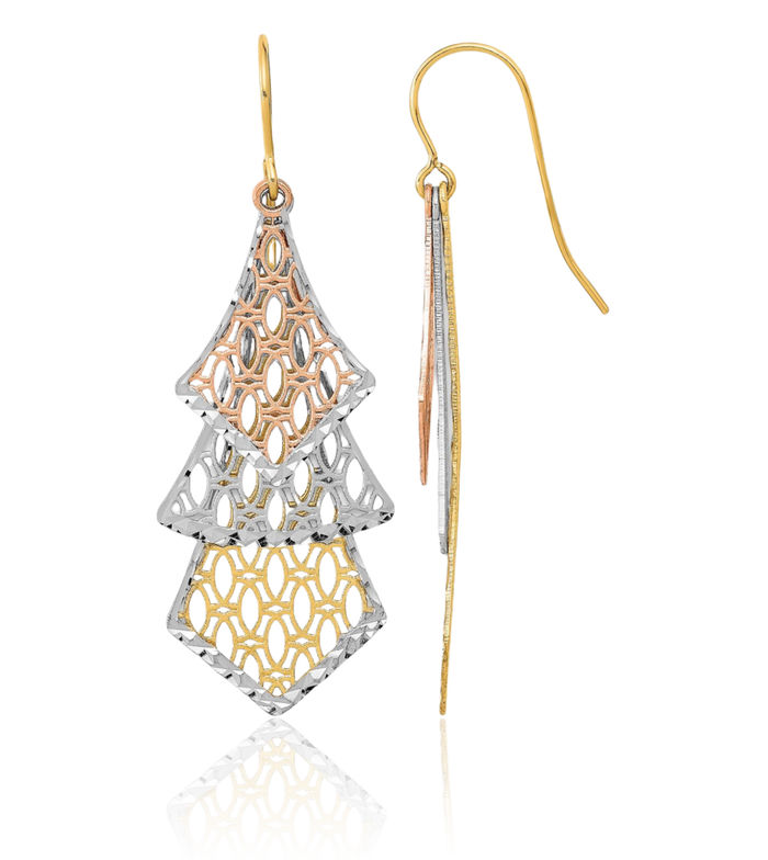 14K Solid Tri Color Pink White Yellow Gold Antique Filigree Drop Dangle Earrings