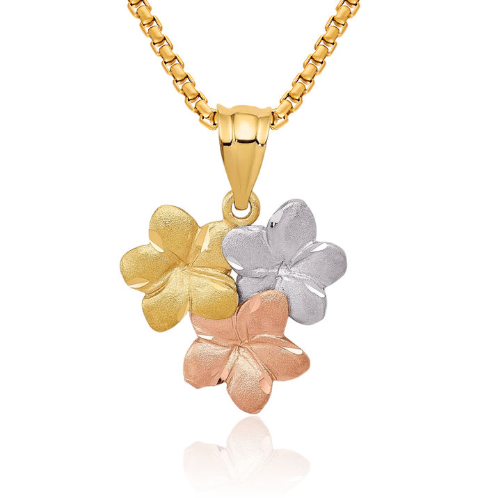 14K Solid Tri Color Pink White Yellow Gold Flower Necklace Chain Pendant Charm
