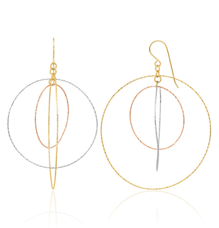 14K Solid Tri Color Pink White Yellow Gold Graduated Circle Round Drop Dangle Earrings