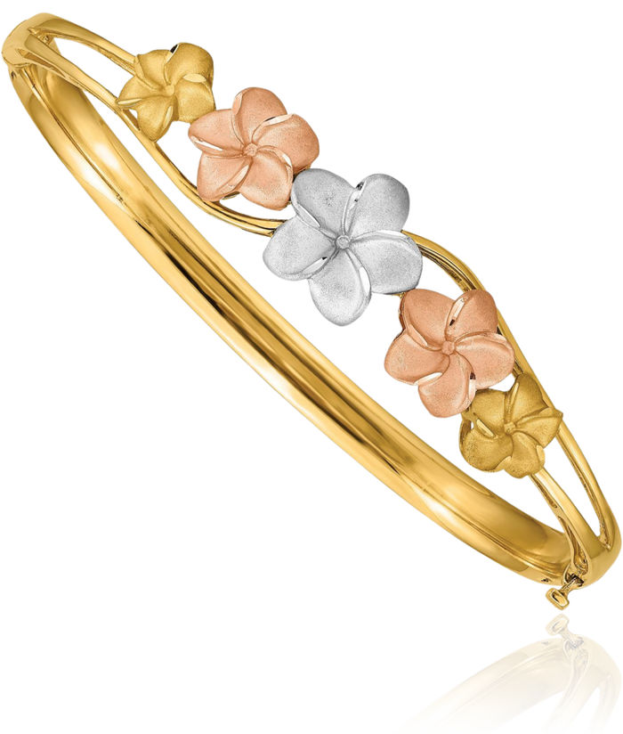 14K Solid Tri Color Pink White Yellow Gold Hawaiian Plumeria Flower Bangle Charm Bracelet